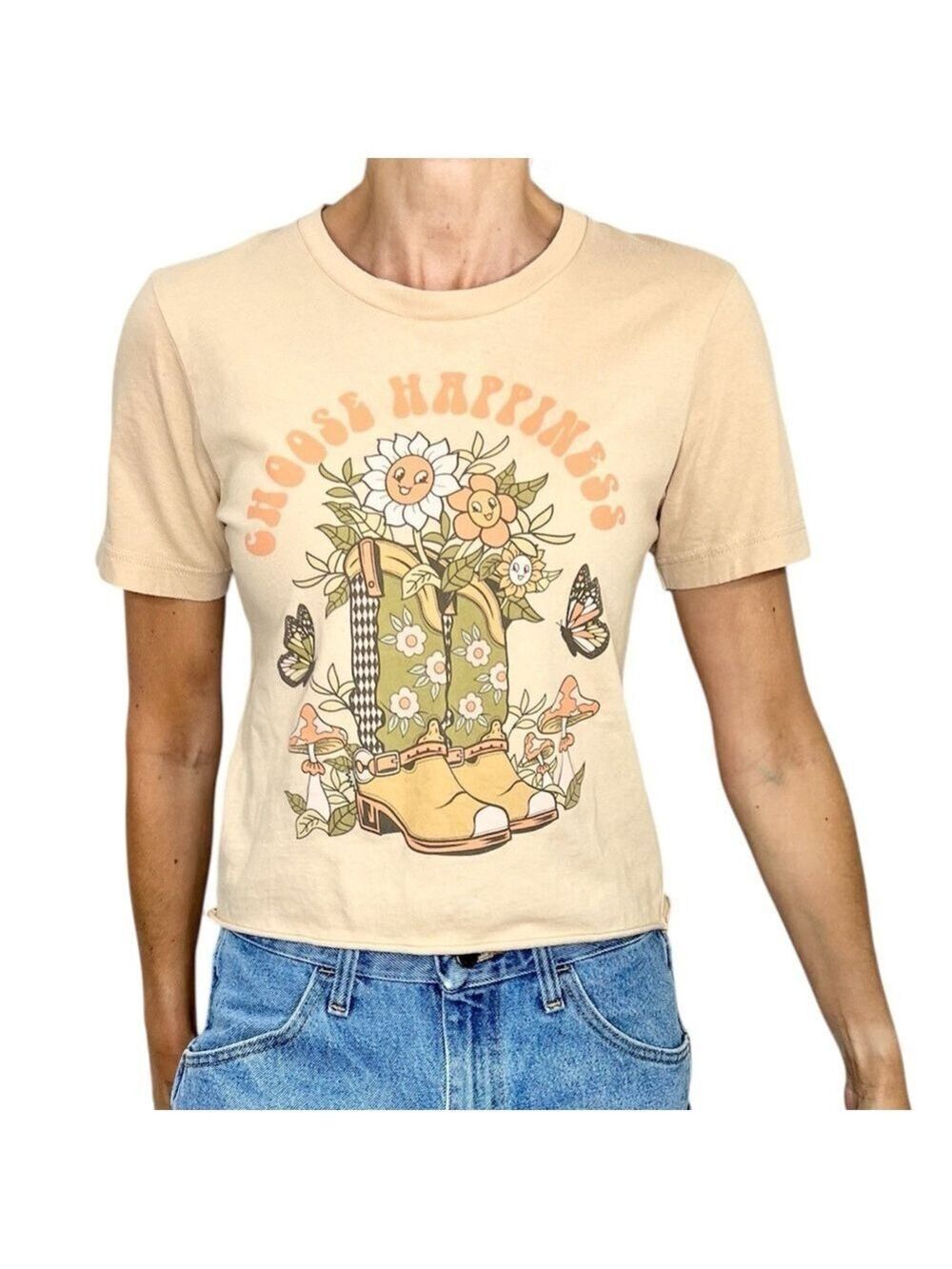 Boho western tan coral green cotton floral butterfly cowboy boots t shirt M